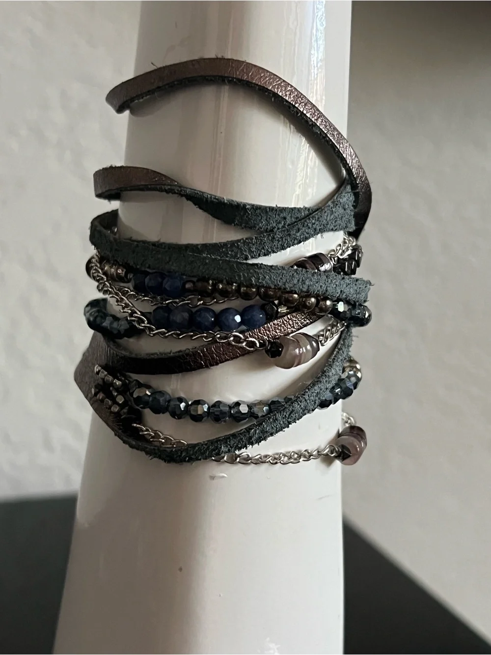 Multi-Strand Dark Green Leather Wrap Bracelet with Beads